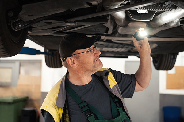 Ein Mechaniker mit Brille und Kappe inspiziert in einer Garage oder Werkstatt mit einer Taschenlampe die Unterseite eines angehobenen Fahrzeugs.